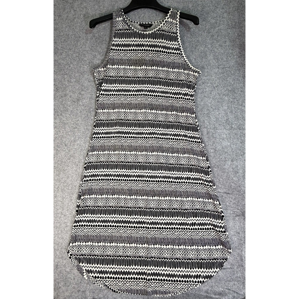 Black White Geometric Print Sleeveless Midi Dress Women's M A-Line Shift Aztec